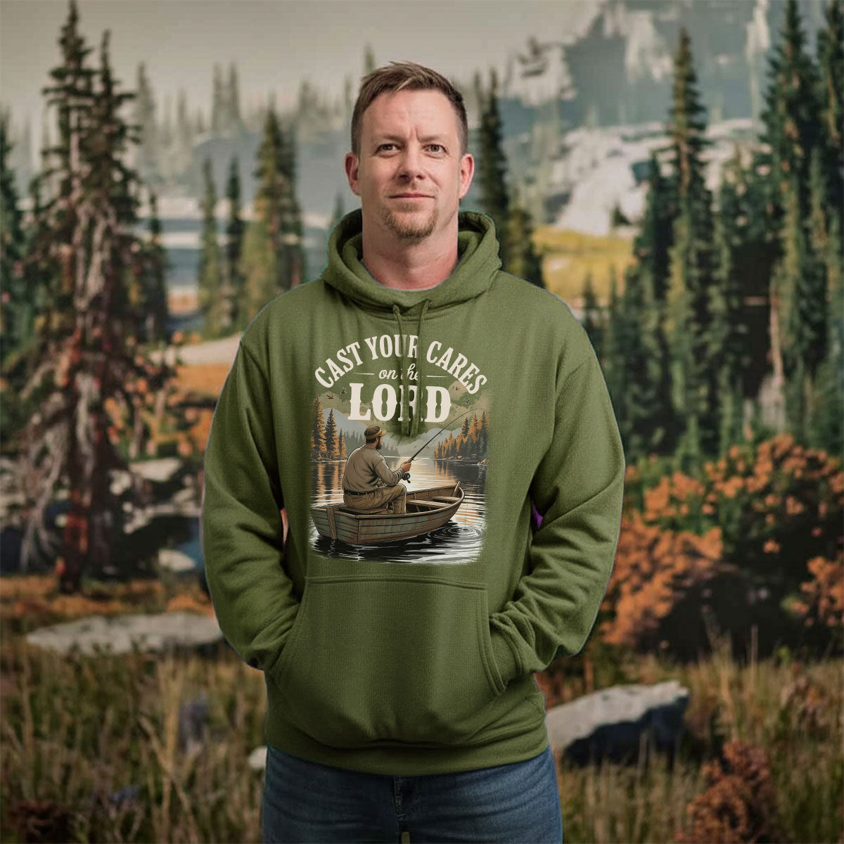 Christian Fishing Shirt For Men, Cast Your Cares On The Lord Boat Scene Tee, Faith Based Gift Idea, Gift For Fishermen, Wapiti Craft Hoodie