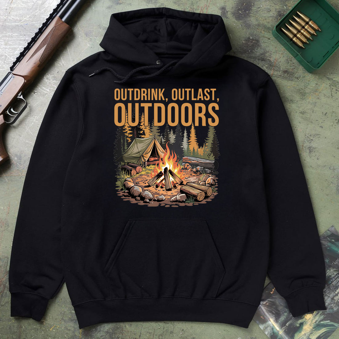 Outdrink Outlast Outdoors Tee, Outdoor Camping Shirt For Men, Fire Camp Exploration Shirt, Gift For Adventurers, Wapiti Craft Hoodie