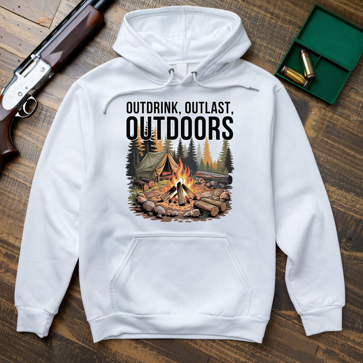 Outdrink Outlast Outdoors Tee, Outdoor Camping Shirt For Men, Fire Camp Exploration Shirt, Gift For Adventurers, Wapiti Craft Hoodie