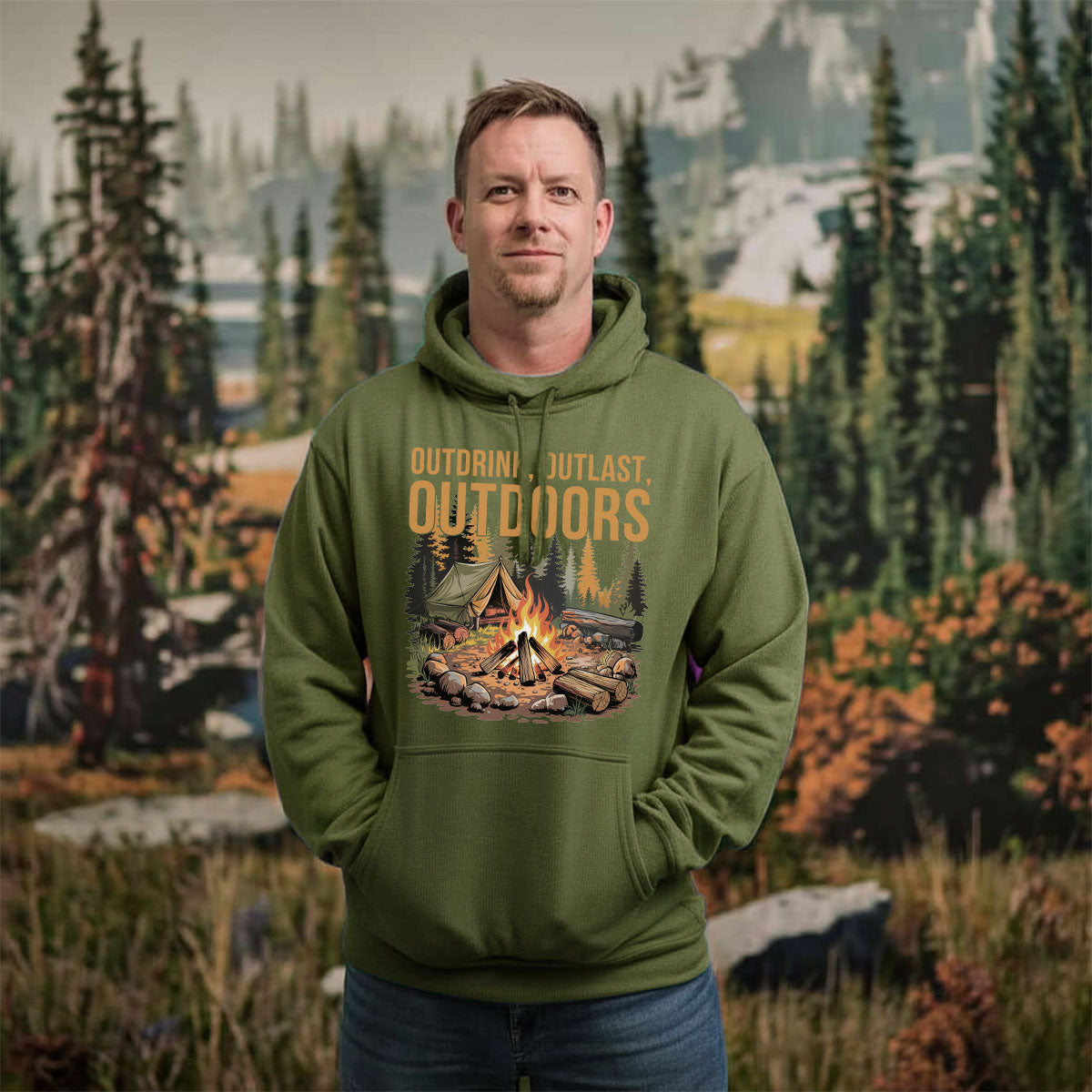 Outdrink Outlast Outdoors Tee, Outdoor Camping Shirt For Men, Fire Camp Exploration Shirt, Gift For Adventurers, Wapiti Craft Hoodie