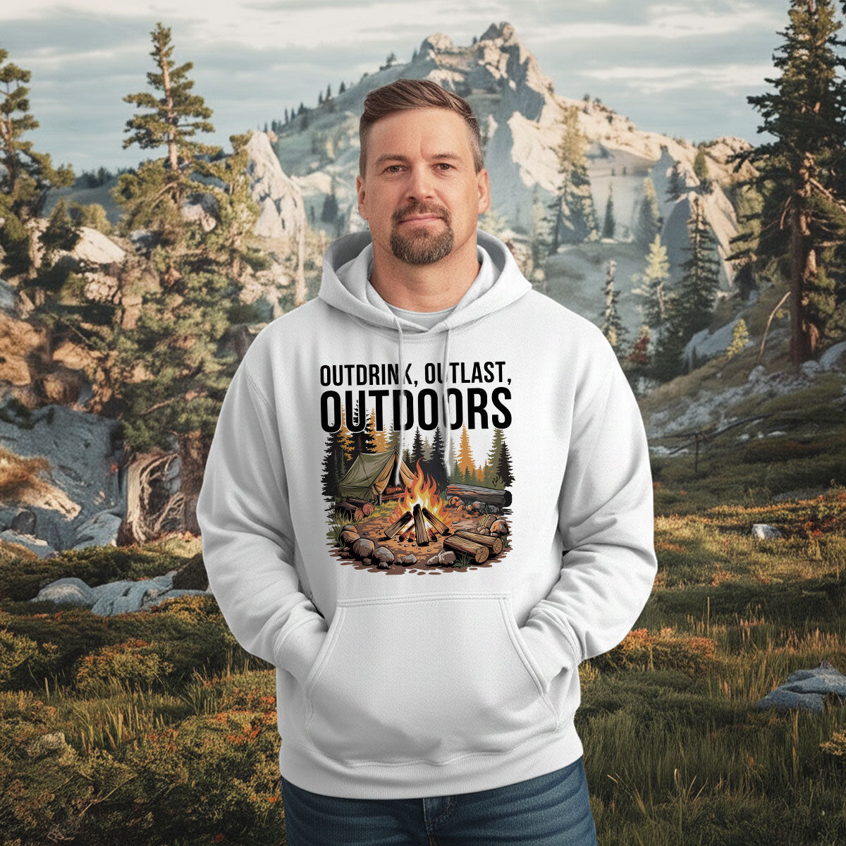 Outdrink Outlast Outdoors Tee, Outdoor Camping Shirt For Men, Fire Camp Exploration Shirt, Gift For Adventurers, Wapiti Craft Hoodie