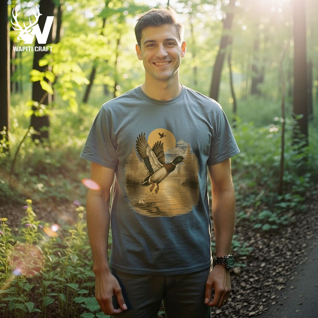 Sunset Flight Duck Hunting T-Shirt Mallard Takeoff Scene for Waterfowl Hunters - Wapiti Craft
