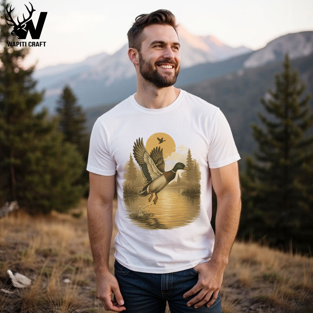 Sunset Flight Duck Hunting T-Shirt Mallard Takeoff Scene for Waterfowl Hunters - Wapiti Craft