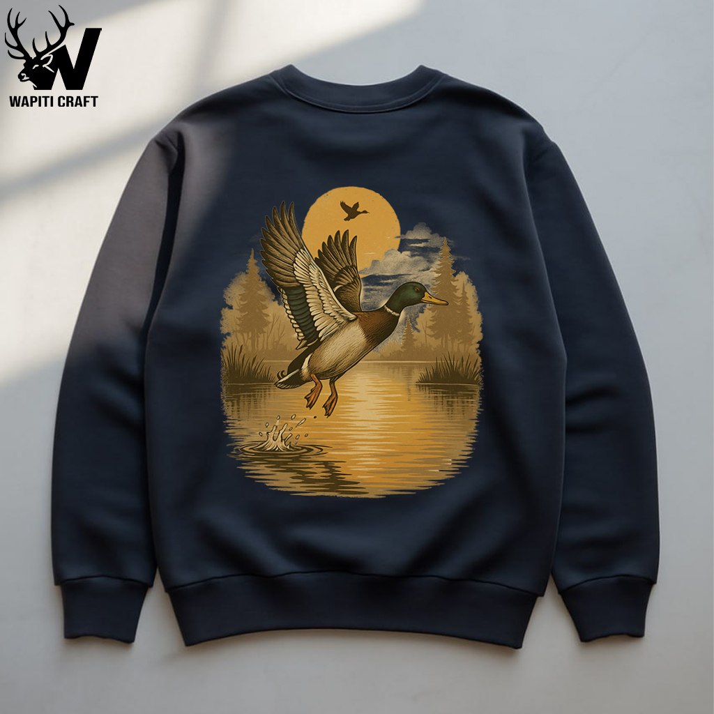 Sunset Flight Duck Hunting Sweatshirt Design Back Print - Wapiti Craftshirt Mallard Takeoff Scene for Waterfowl Hun