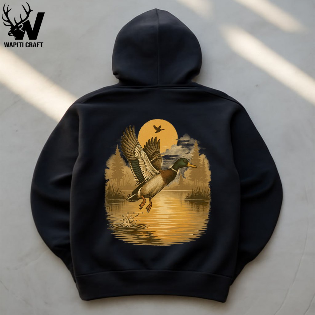Sunset Flight Duck Hunting Hoodie – Mallard Takeoff Scene for Waterfowl Hunters Design Back Print - Wapiti Craft