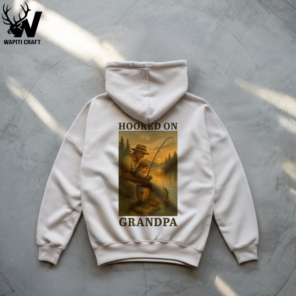 Hooked on Grandpa Hoodie Fishing Memories with Grandpa and Grandkid Gift for Grandpa By Wapiti Craft